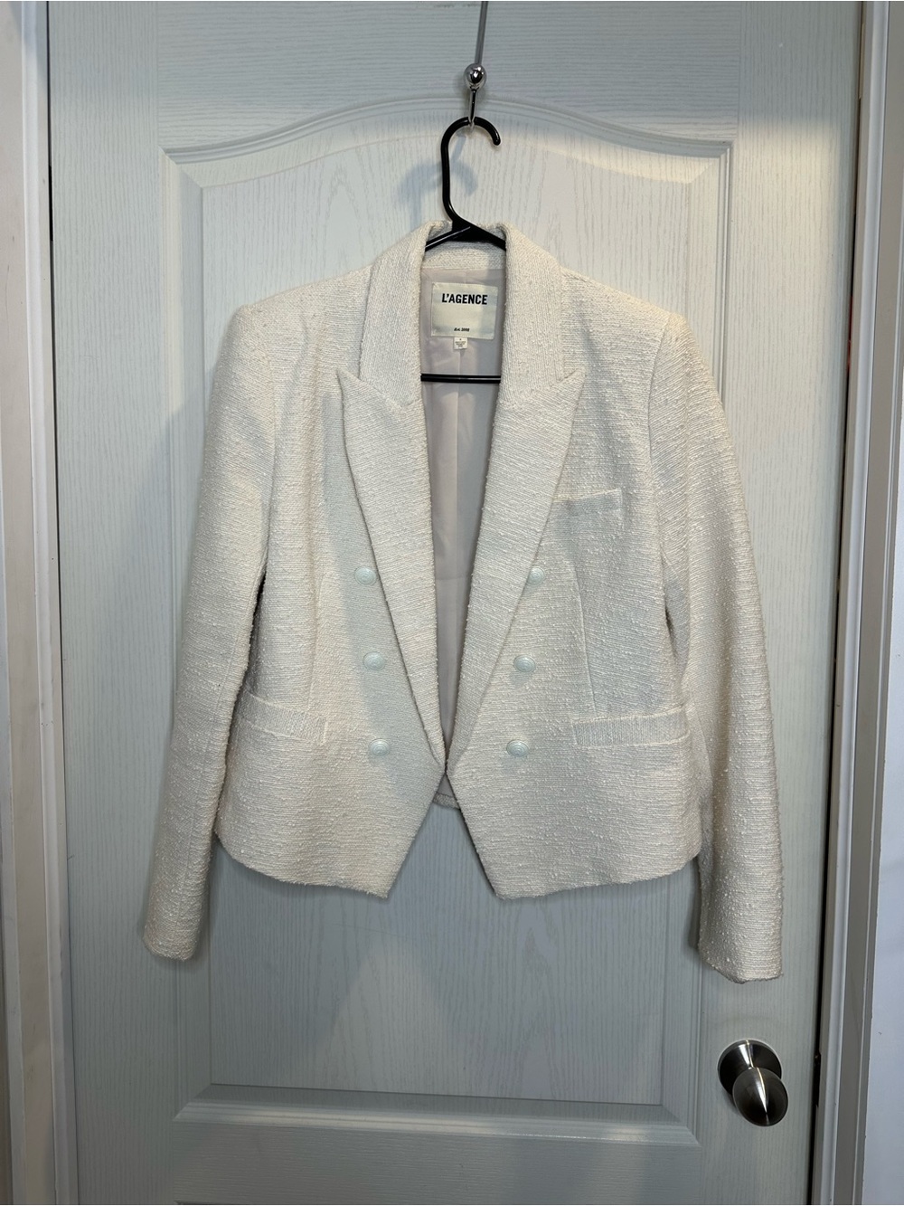 L'AGENCE Brooke Double Breasted Crop Blazer in Ecru size 8 minimalist